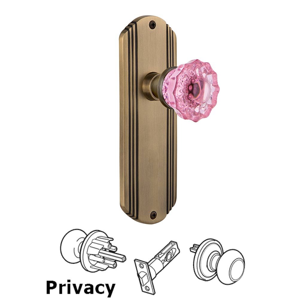 Nostalgic Warehouse Nostalgic Warehouse - Privacy - Deco Plate Crystal Pink Glass Door Knob in Antique Brass