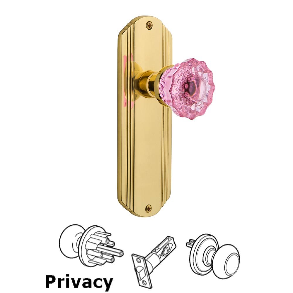 Nostalgic Warehouse Nostalgic Warehouse - Privacy - Deco Plate Crystal Pink Glass Door Knob in Polished Brass
