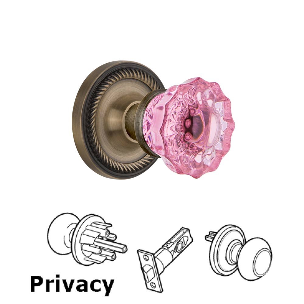 Nostalgic Warehouse Nostalgic Warehouse - Privacy - Rope Rose Crystal Pink Glass Door Knob in Antique Brass