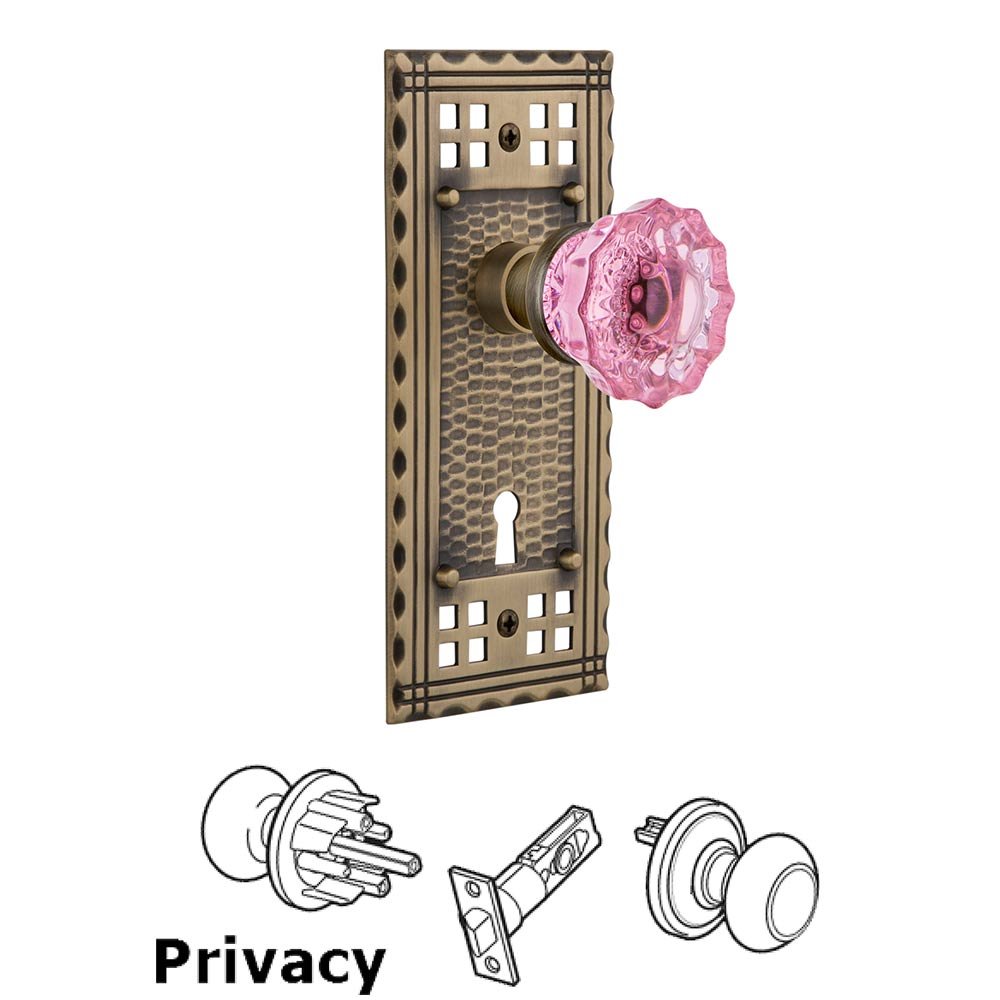Nostalgic Warehouse Nostalgic Warehouse - Privacy - Craftsman Plate with Keyhole Crystal Pink Glass Door Knob in Antique Brass