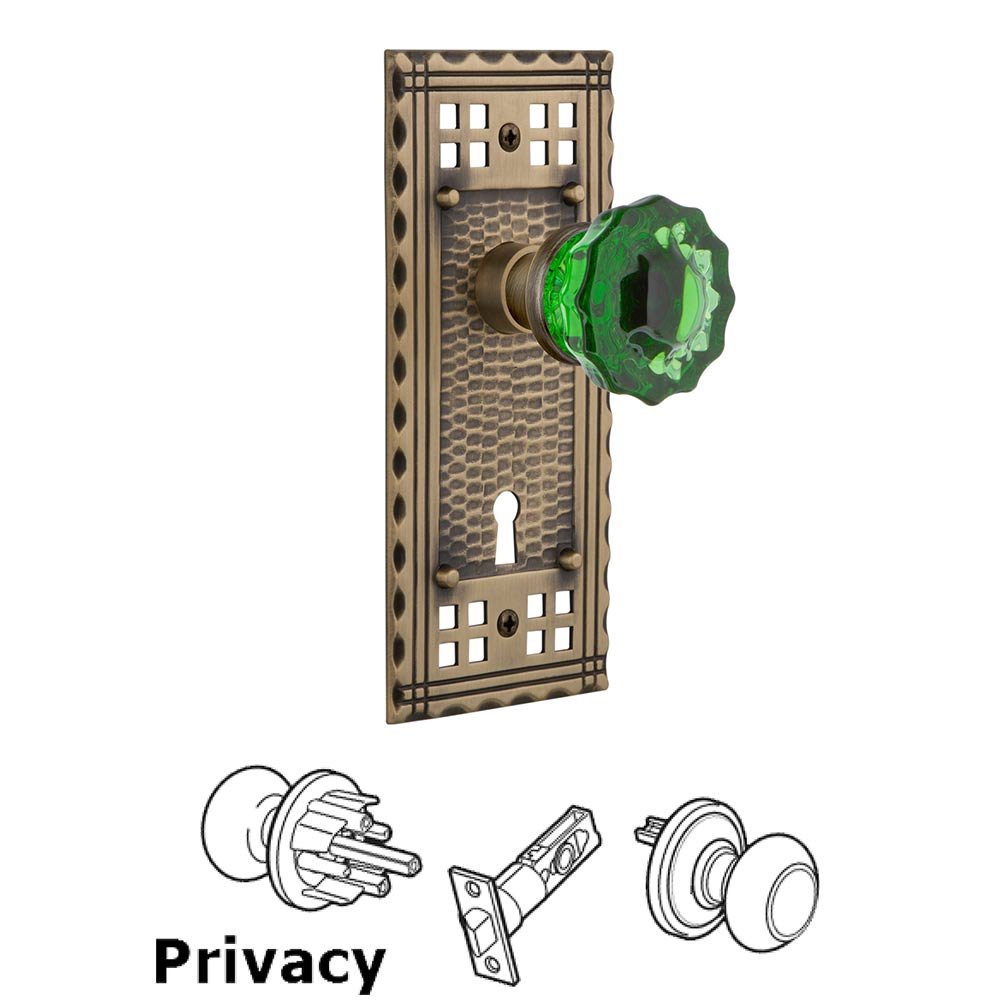 Nostalgic Warehouse Nostalgic Warehouse - Privacy - Craftsman Plate with Keyhole Crystal Emerald Glass Door Knob in Antique Brass