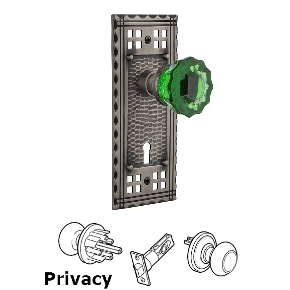 Nostalgic Warehouse Nostalgic Warehouse - Privacy - Craftsman Plate with Keyhole Crystal Emerald Glass Door Knob in Antique Pewter