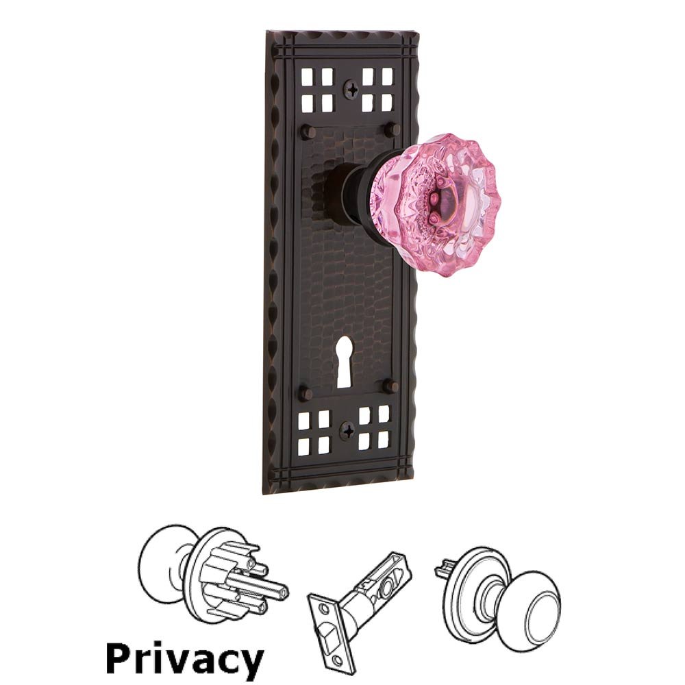 Nostalgic Warehouse Nostalgic Warehouse - Privacy - Craftsman Plate with Keyhole Crystal Pink Glass Door Knob in Timeless Bronze