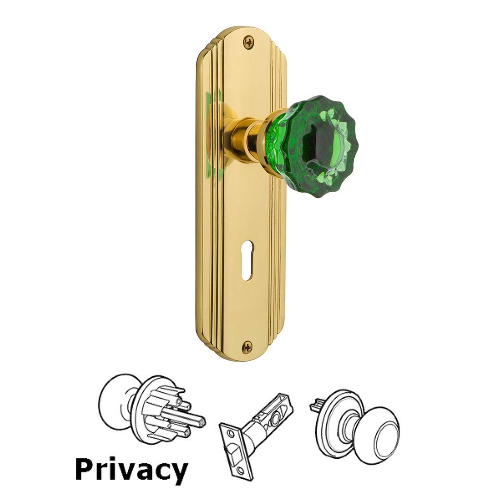 Nostalgic Warehouse Nostalgic Warehouse - Privacy - Deco Plate with Keyhole Crystal Emerald Glass Door Knob in Polished Brass