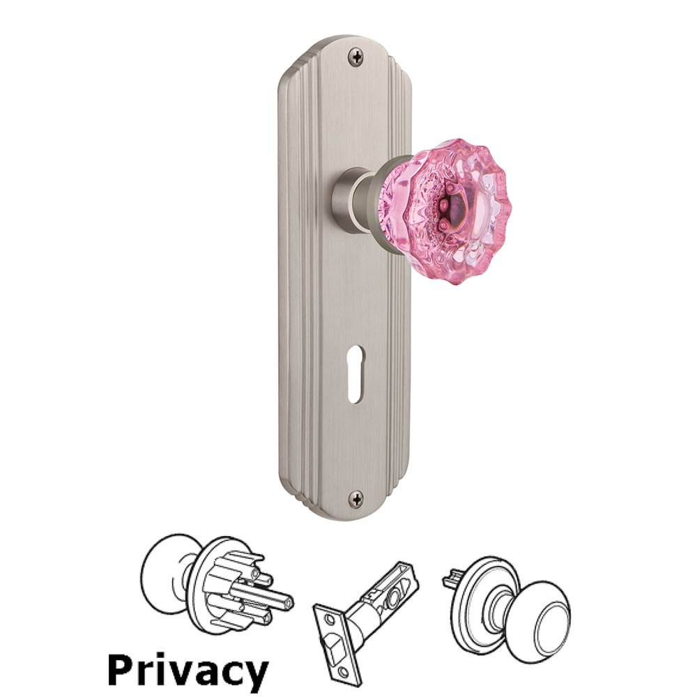 Nostalgic Warehouse Nostalgic Warehouse - Privacy - Deco Plate with Keyhole Crystal Pink Glass Door Knob in Satin Nickel