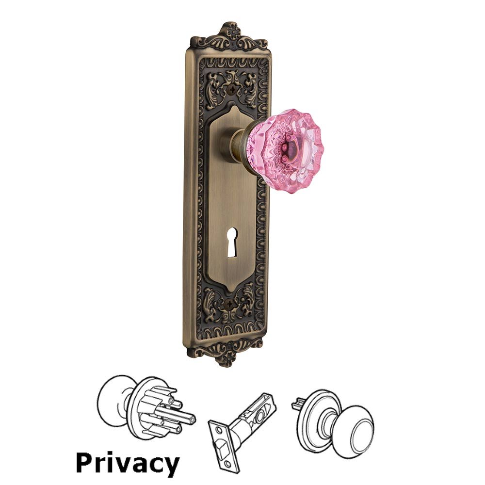 Nostalgic Warehouse Nostalgic Warehouse - Privacy - Egg & Dart Plate with Keyhole Crystal Pink Glass Door Knob in Antique Brass