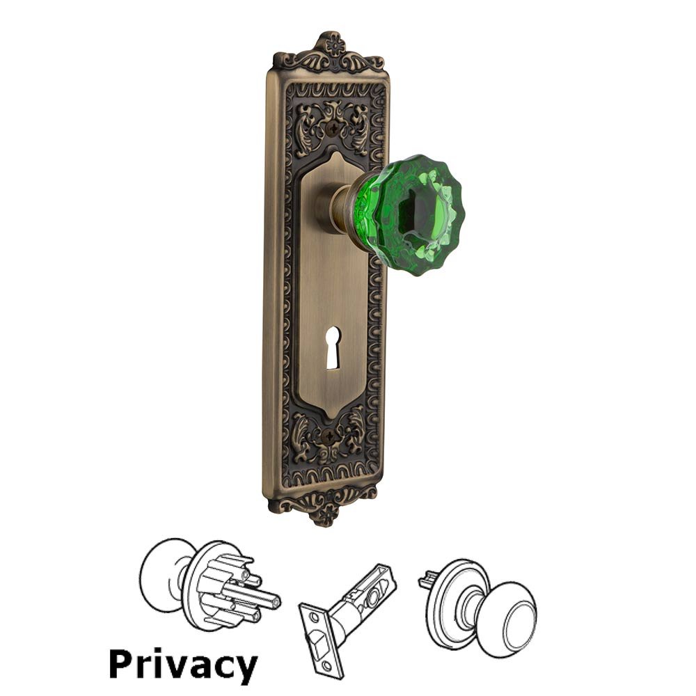 Nostalgic Warehouse Nostalgic Warehouse - Privacy - Egg & Dart Plate with Keyhole Crystal Emerald Glass Door Knob in Antique Brass