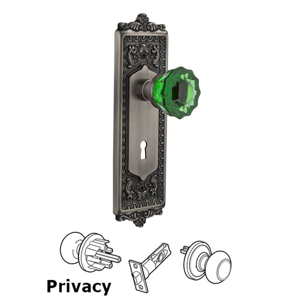 Nostalgic Warehouse Nostalgic Warehouse - Privacy - Egg & Dart Plate with Keyhole Crystal Emerald Glass Door Knob in Antique Pewter