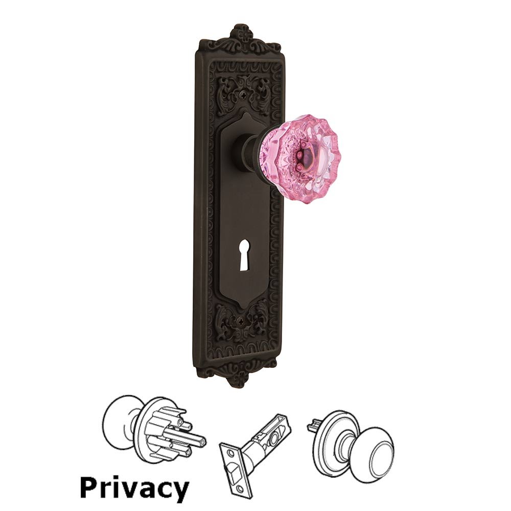 Nostalgic Warehouse Nostalgic Warehouse - Privacy - Egg & Dart Plate with Keyhole Crystal Pink Glass Door Knob in Oil-Rubbed Bronze