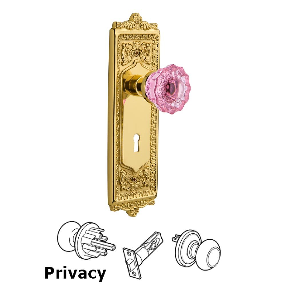 Nostalgic Warehouse Nostalgic Warehouse - Privacy - Egg & Dart Plate with Keyhole Crystal Pink Glass Door Knob in Polished Brass
