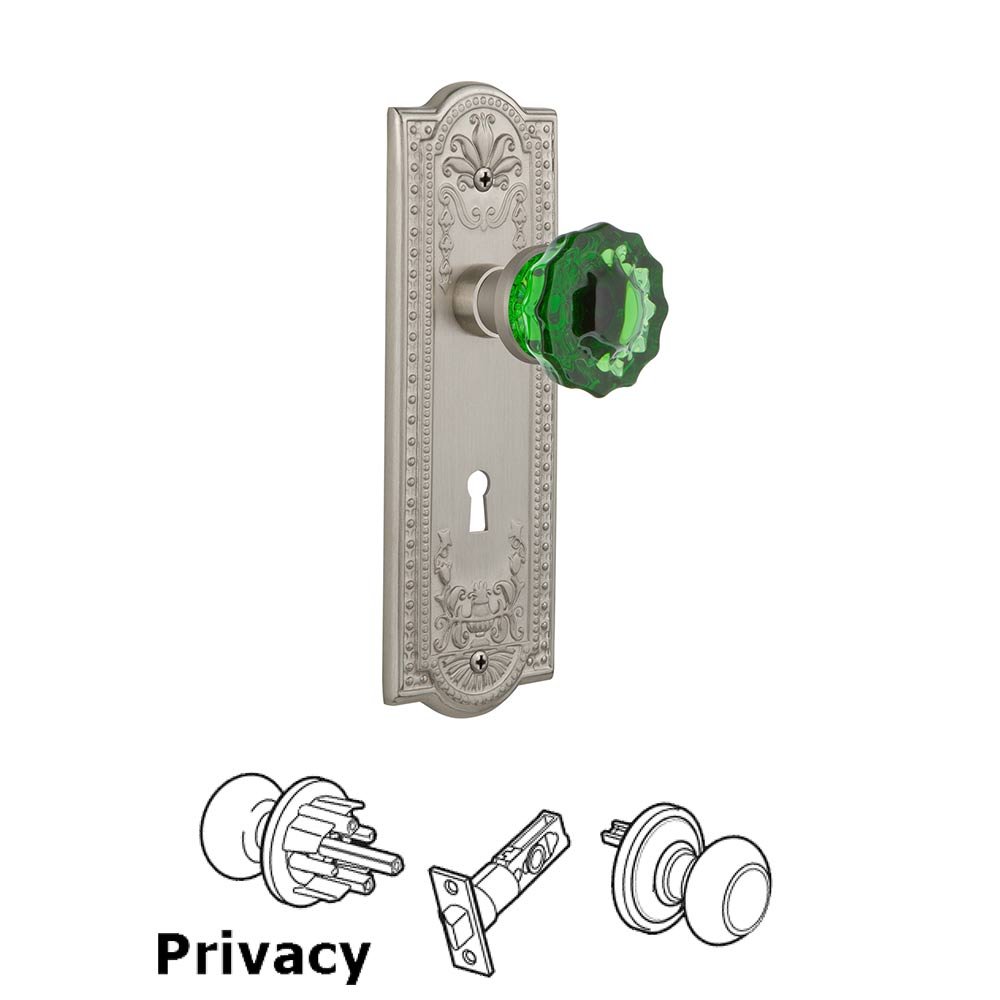 Nostalgic Warehouse Nostalgic Warehouse - Privacy - Meadows Plate with Keyhole Crystal Emerald Glass Door Knob in Satin Nickel
