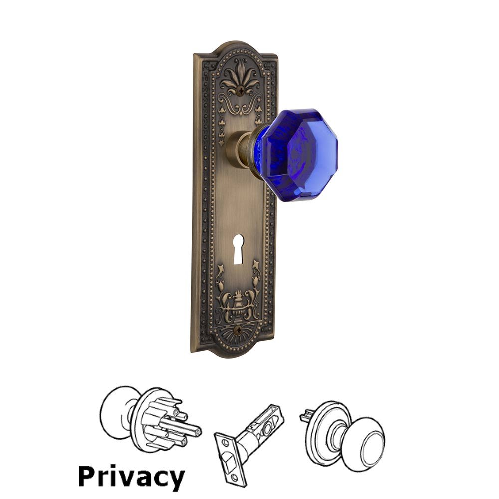 Nostalgic Warehouse Nostalgic Warehouse - Privacy - Meadows Plate with Keyhole Waldorf Cobalt Door Knob in Antique Brass