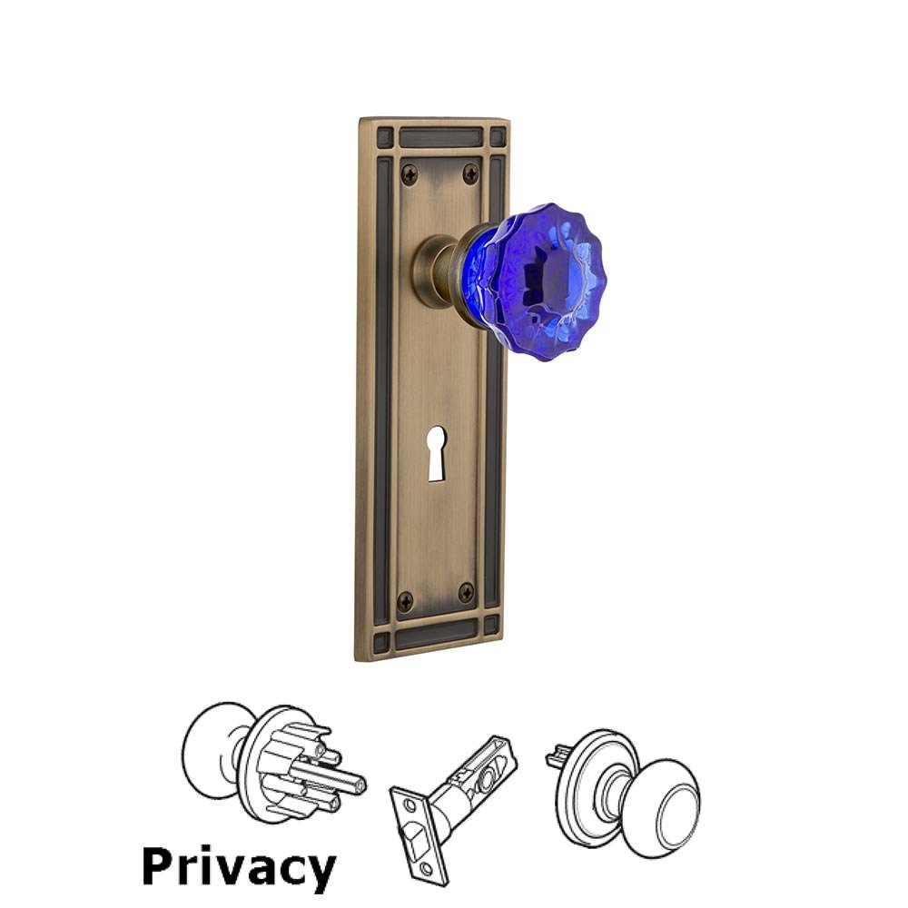 Nostalgic Warehouse Nostalgic Warehouse - Privacy - Mission Plate with Keyhole Crystal Cobalt Glass Door Knob in Antique Brass
