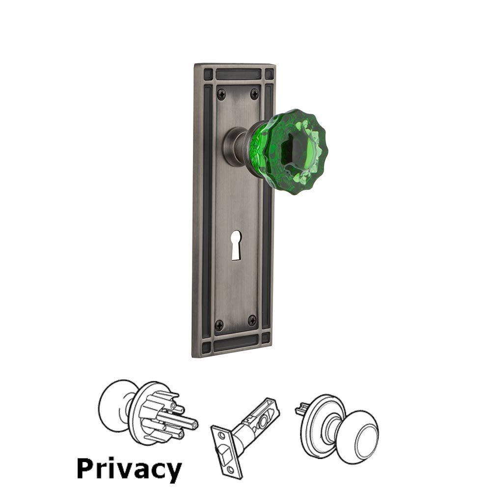 Nostalgic Warehouse Nostalgic Warehouse - Privacy - Mission Plate with Keyhole Crystal Emerald Glass Door Knob in Antique Pewter