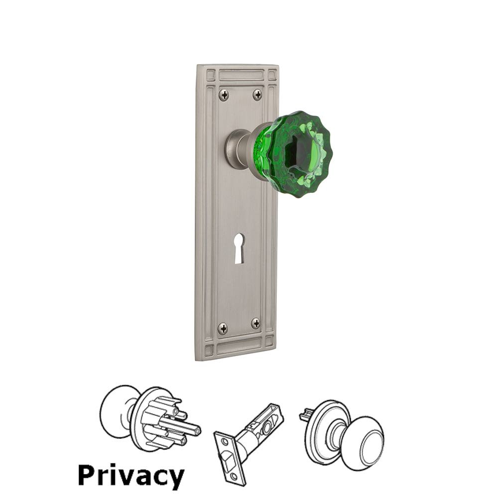Nostalgic Warehouse Nostalgic Warehouse - Privacy - Mission Plate with Keyhole Crystal Emerald Glass Door Knob in Satin Nickel