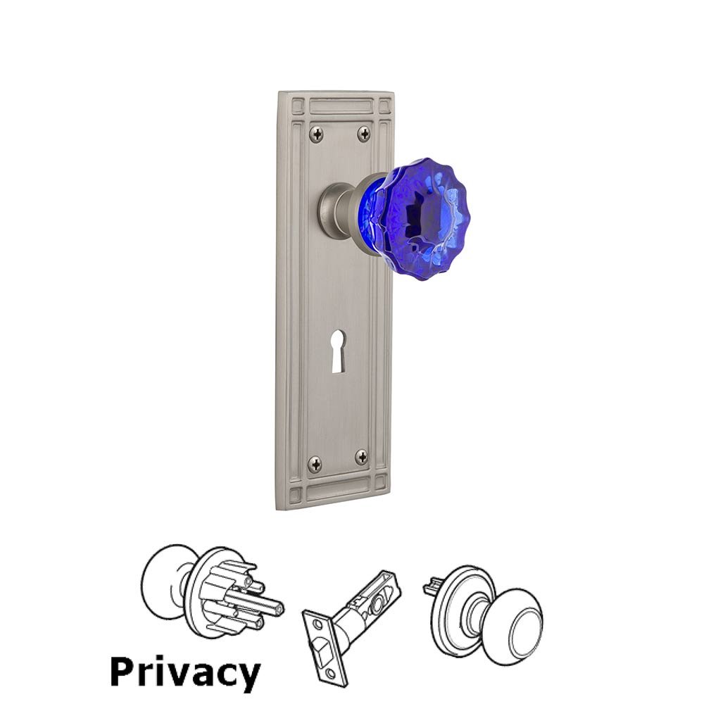Nostalgic Warehouse Nostalgic Warehouse - Privacy - Mission Plate with Keyhole Crystal Cobalt Glass Door Knob in Satin Nickel