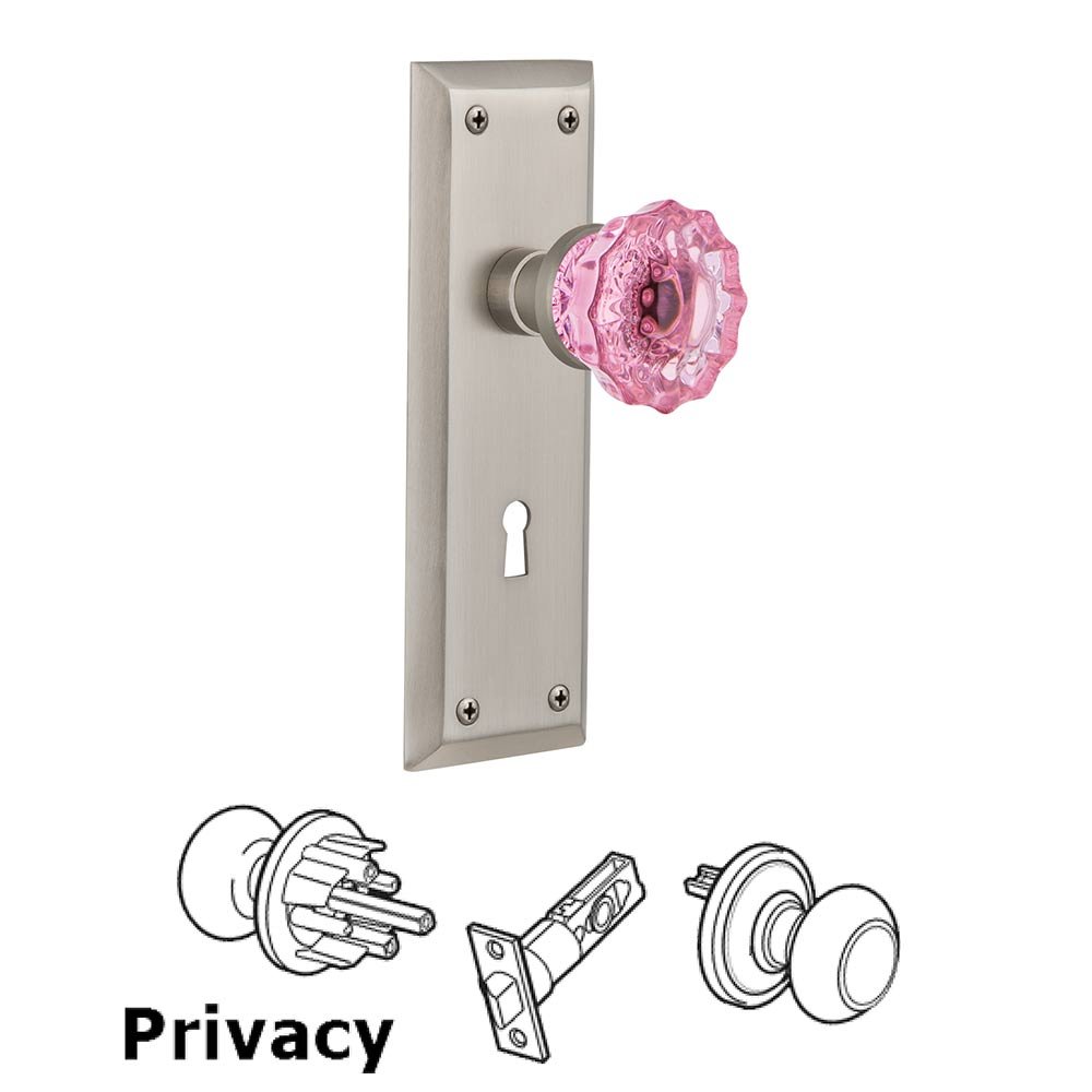 Nostalgic Warehouse Nostalgic Warehouse - Privacy - New York Plate with Keyhole Crystal Pink Glass Door Knob in Satin Nickel