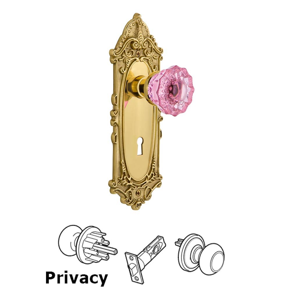 Nostalgic Warehouse Nostalgic Warehouse - Privacy - Victorian Plate with Keyhole Crystal Pink Glass Door Knob in Polished Brass