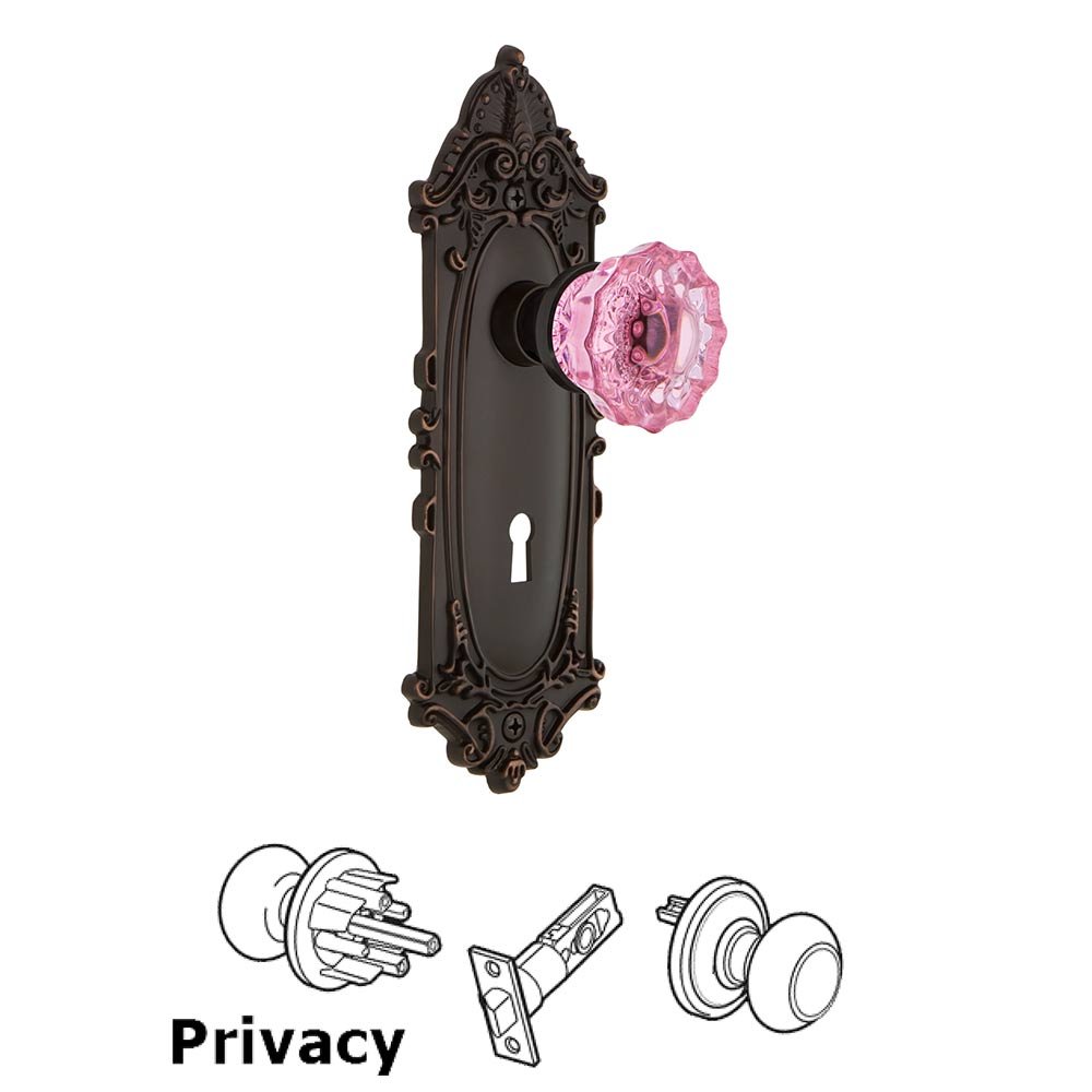 Nostalgic Warehouse Nostalgic Warehouse - Privacy - Victorian Plate with Keyhole Crystal Pink Glass Door Knob in Timeless Bronze