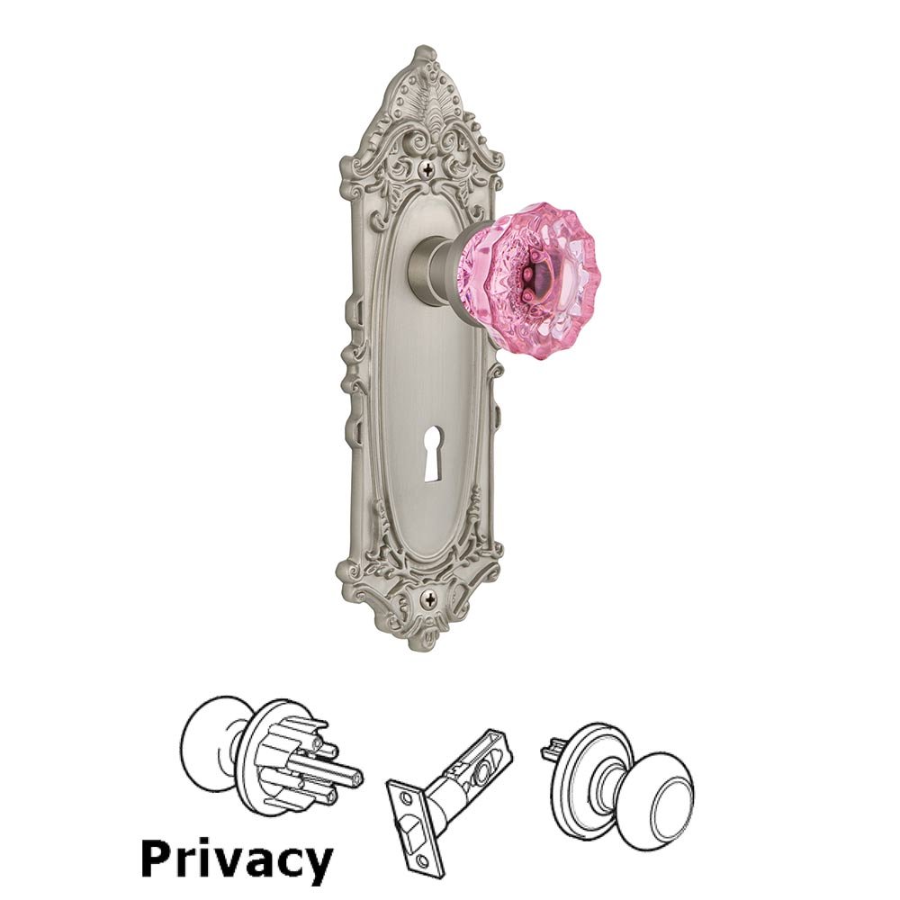 Nostalgic Warehouse Nostalgic Warehouse - Privacy - Victorian Plate with Keyhole Crystal Pink Glass Door Knob in Satin Nickel