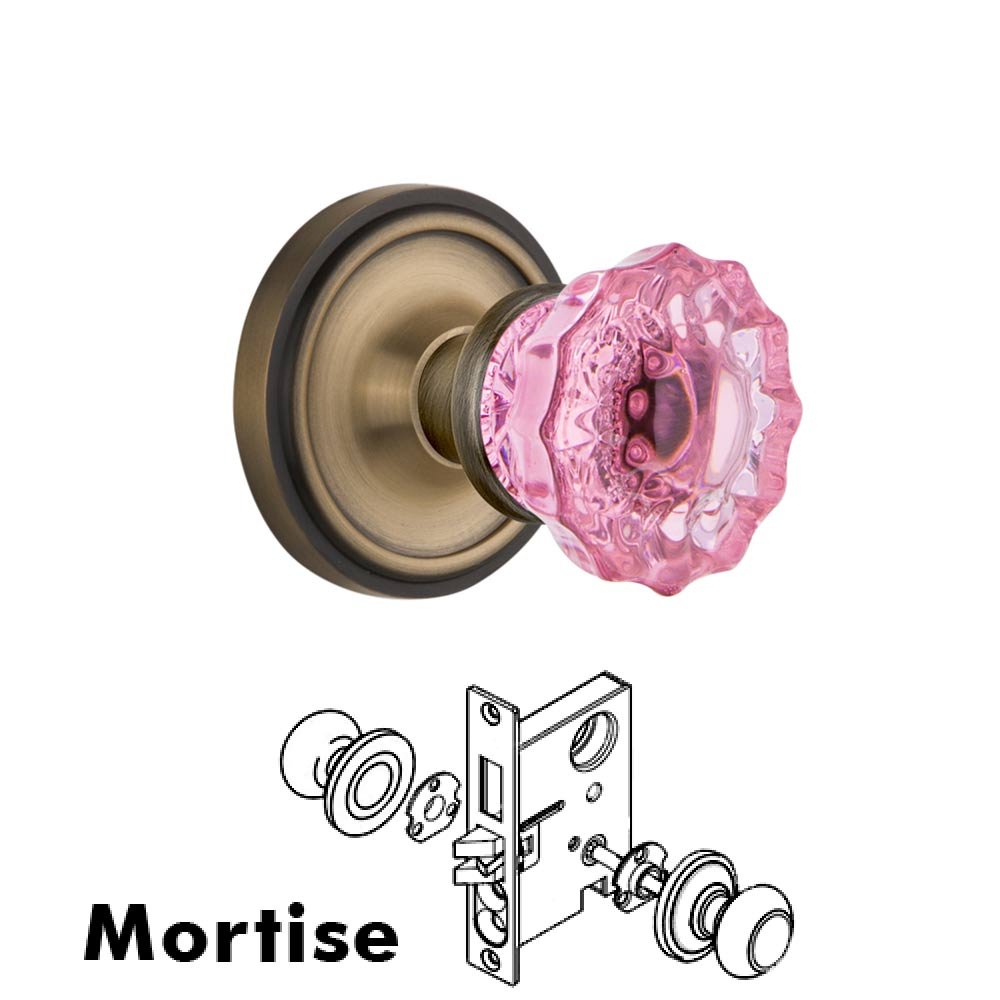 Nostalgic Warehouse Nostalgic Warehouse - Mortise - Classic Rose Crystal Pink Glass Door Knob in Antique Brass