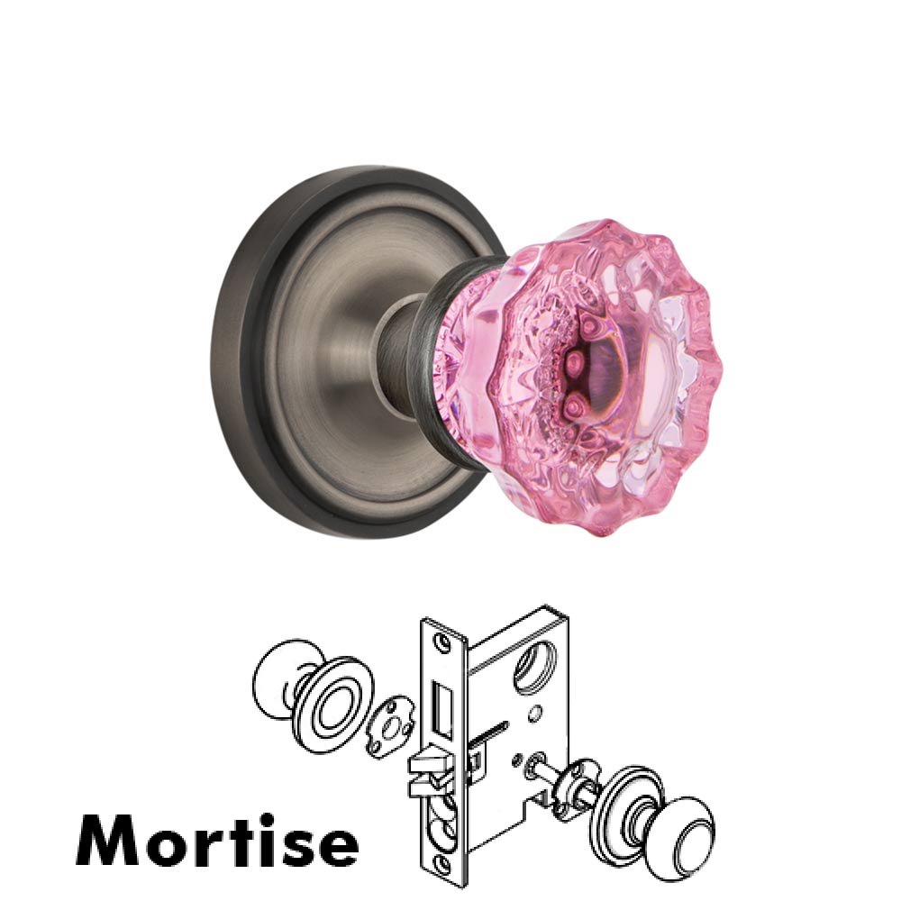 Nostalgic Warehouse Nostalgic Warehouse - Mortise - Classic Rose Crystal Pink Glass Door Knob in Antique Pewter