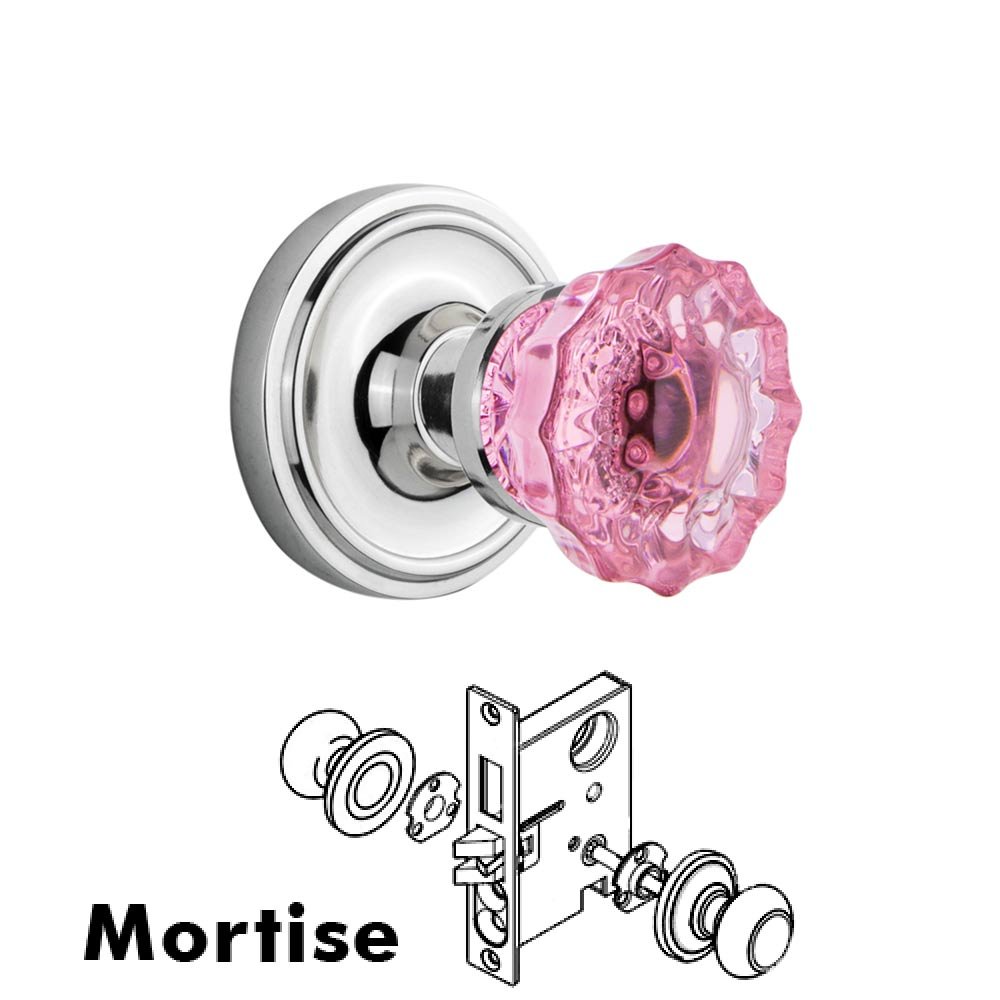 Nostalgic Warehouse Nostalgic Warehouse - Mortise - Classic Rose Crystal Pink Glass Door Knob in Bright Chrome