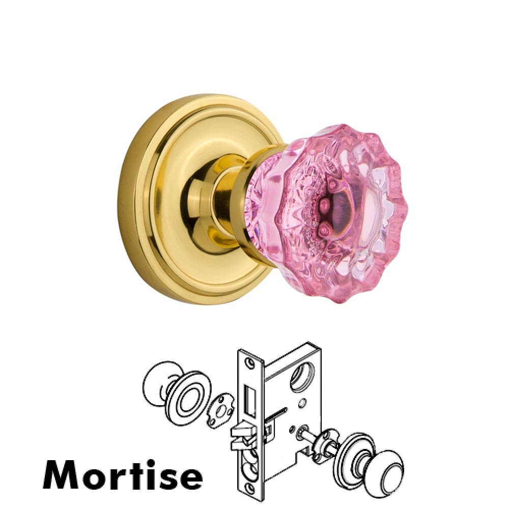 Nostalgic Warehouse Nostalgic Warehouse - Mortise - Classic Rose Crystal Pink Glass Door Knob in Polished Brass