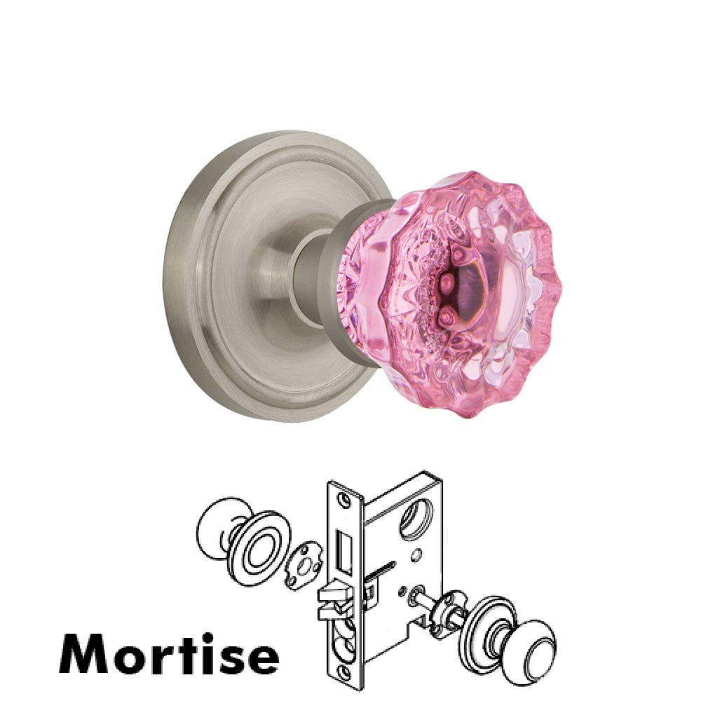 Nostalgic Warehouse Nostalgic Warehouse - Mortise - Classic Rose Crystal Pink Glass Door Knob in Satin Nickel