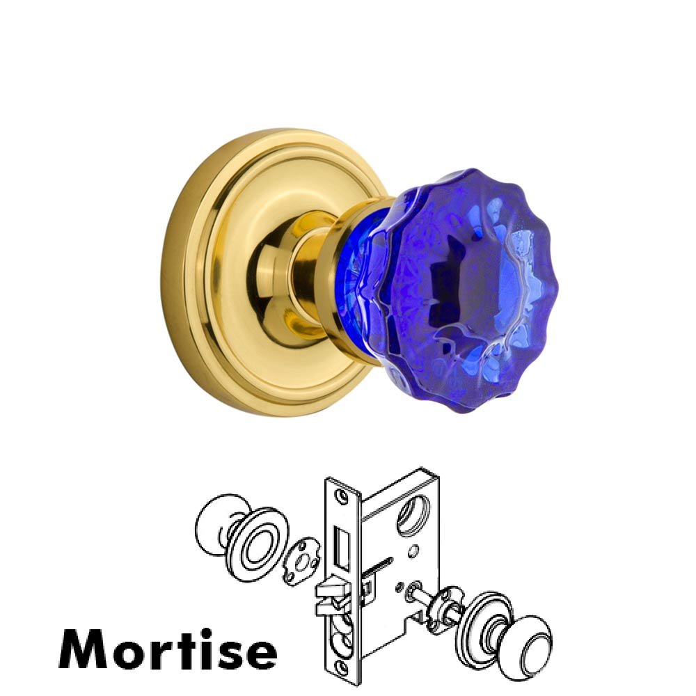 Nostalgic Warehouse Nostalgic Warehouse - Mortise - Classic Rose Crystal Cobalt Glass Door Knob in Unlaquered Brass