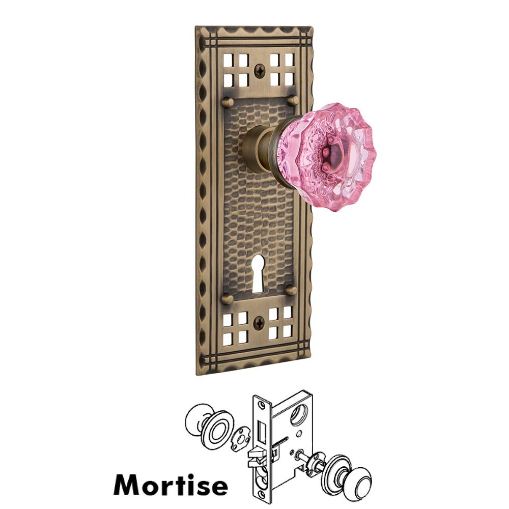 Nostalgic Warehouse Nostalgic Warehouse - Mortise - Craftsman Plate Crystal Pink Glass Door Knob in Antique Brass
