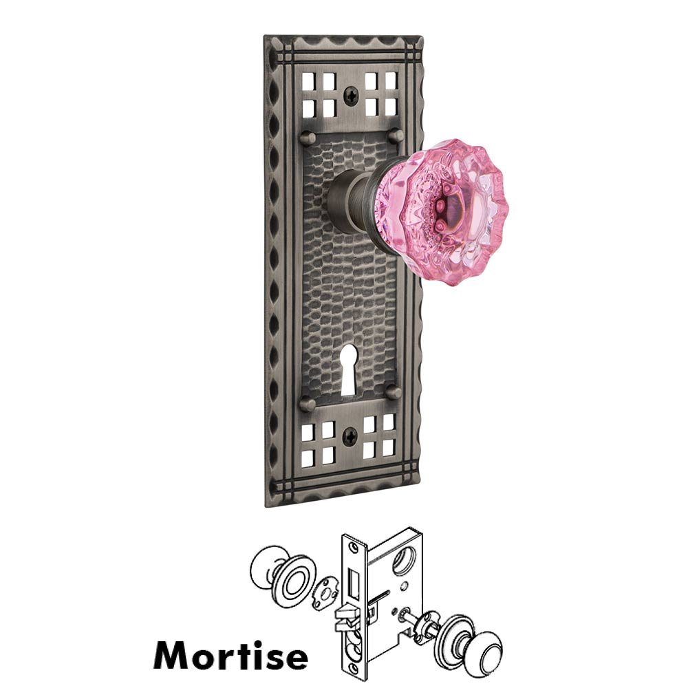 Nostalgic Warehouse Nostalgic Warehouse - Mortise - Craftsman Plate Crystal Pink Glass Door Knob in Antique Pewter