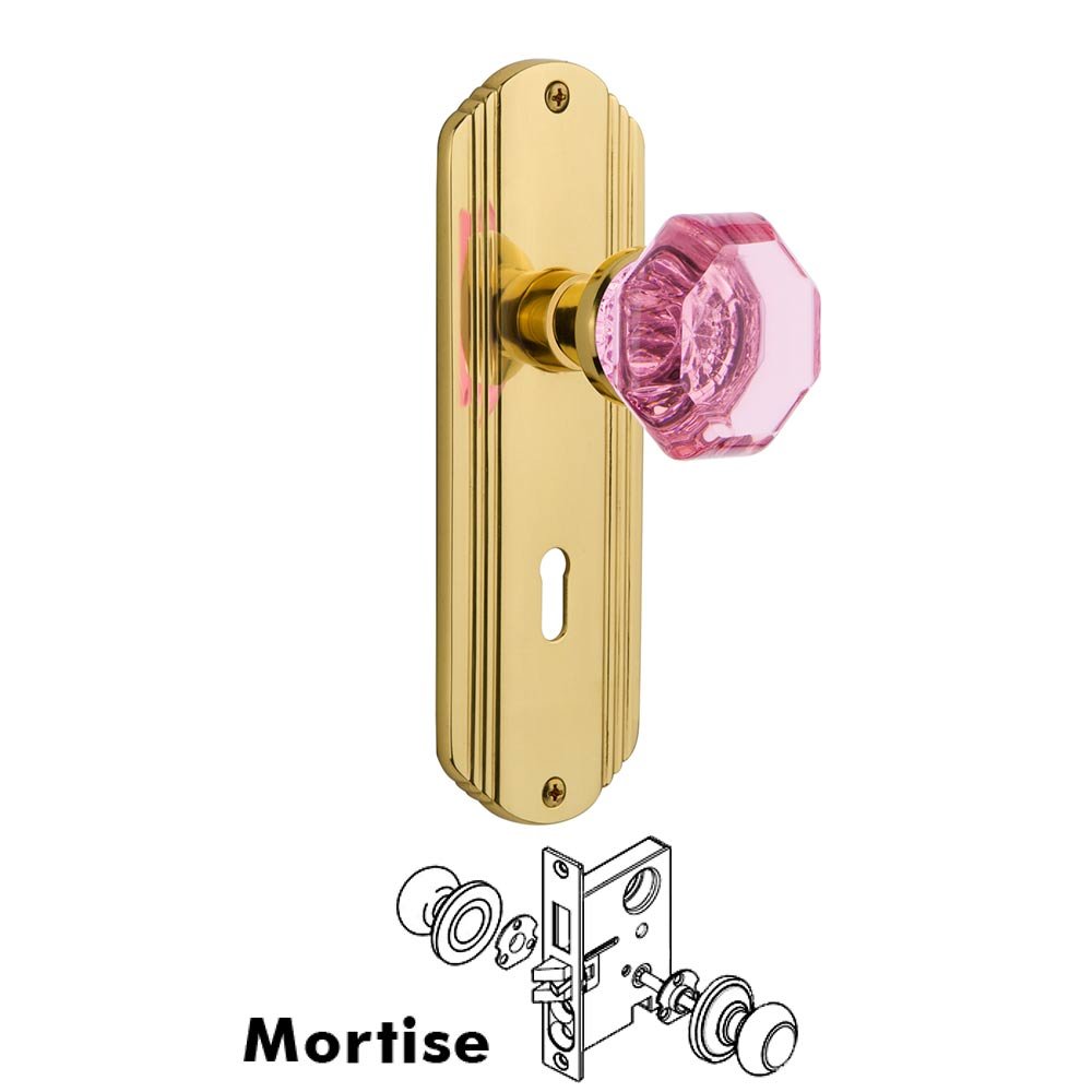Nostalgic Warehouse Nostalgic Warehouse - Mortise - Deco Plate Waldorf Pink Door Knob in Polished Brass