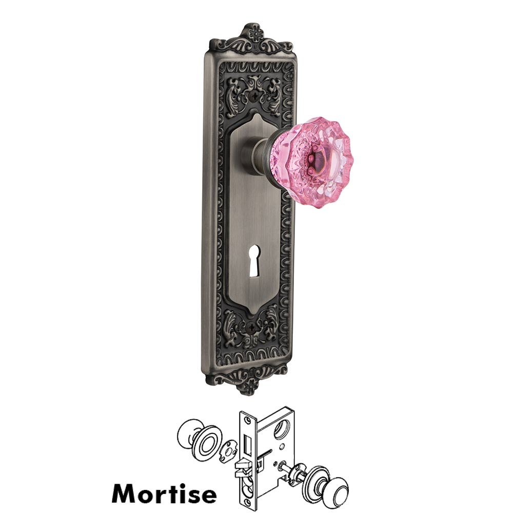 Nostalgic Warehouse Nostalgic Warehouse - Mortise - Egg & Dart Plate Crystal Pink Glass Door Knob in Antique Pewter