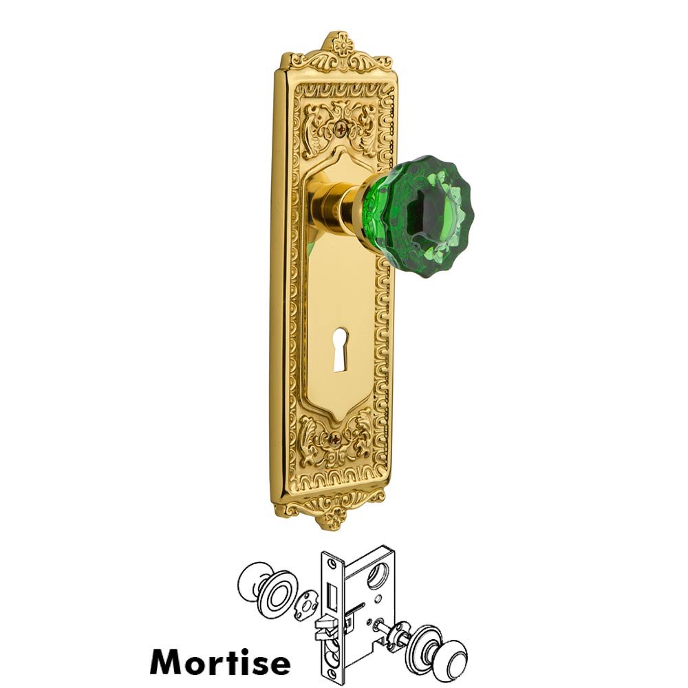 Nostalgic Warehouse Nostalgic Warehouse - Mortise - Egg & Dart Plate Crystal Emerald Glass Door Knob in Polished Brass