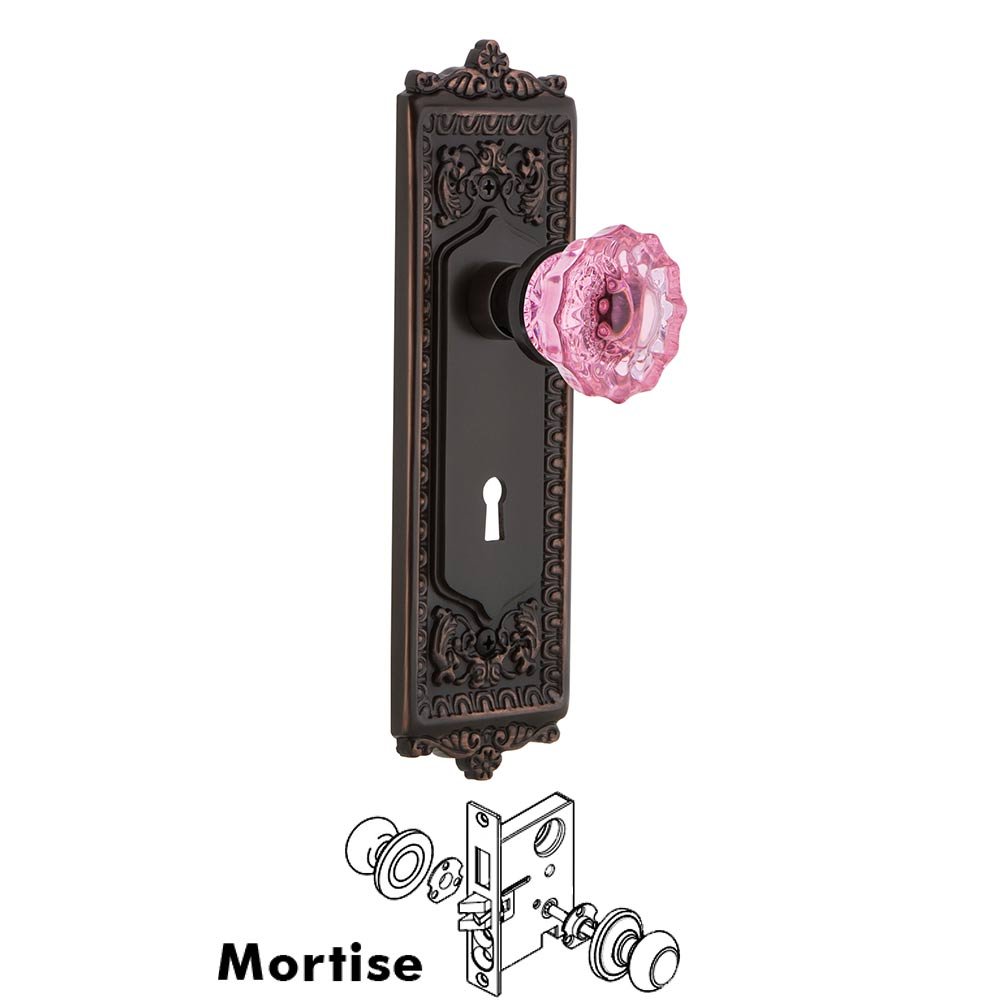 Nostalgic Warehouse Nostalgic Warehouse - Mortise - Egg & Dart Plate Crystal Pink Glass Door Knob in Timeless Bronze