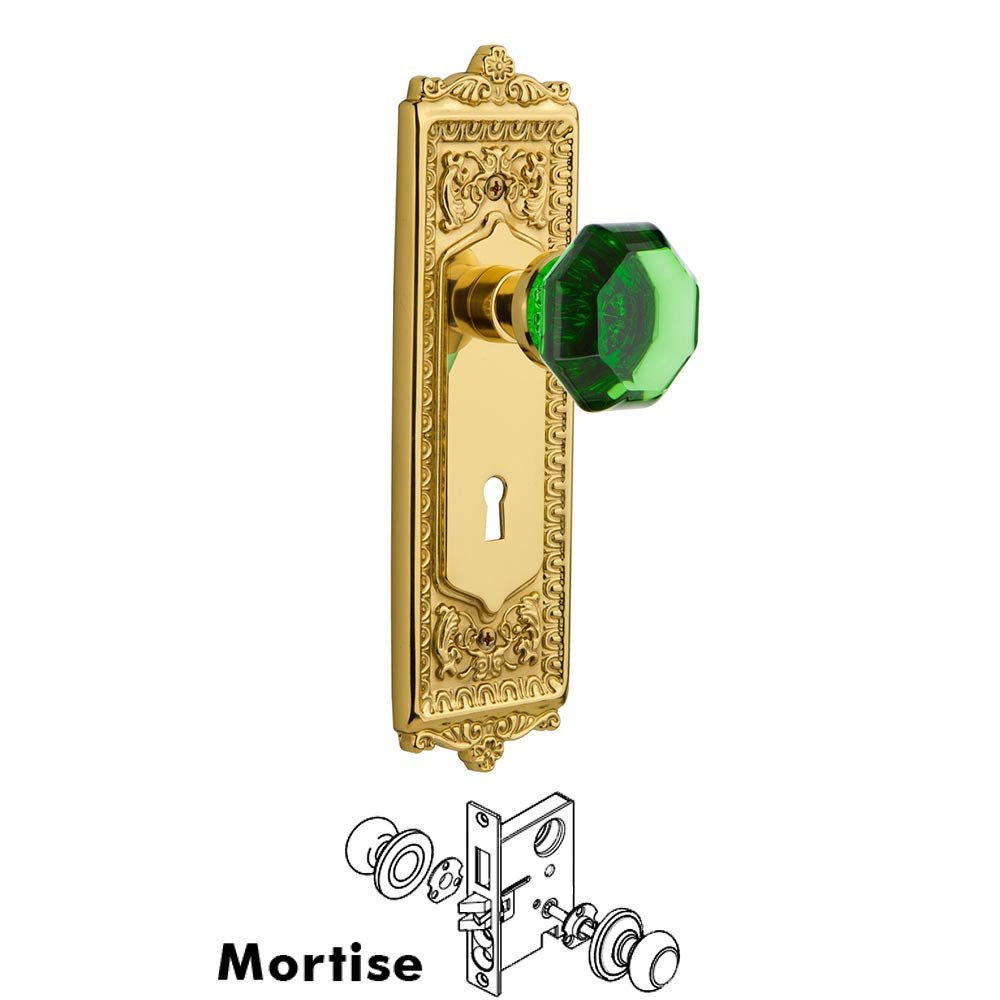 Nostalgic Warehouse Nostalgic Warehouse - Mortise - Egg & Dart Plate Waldorf Emerald Door Knob in Polished Brass