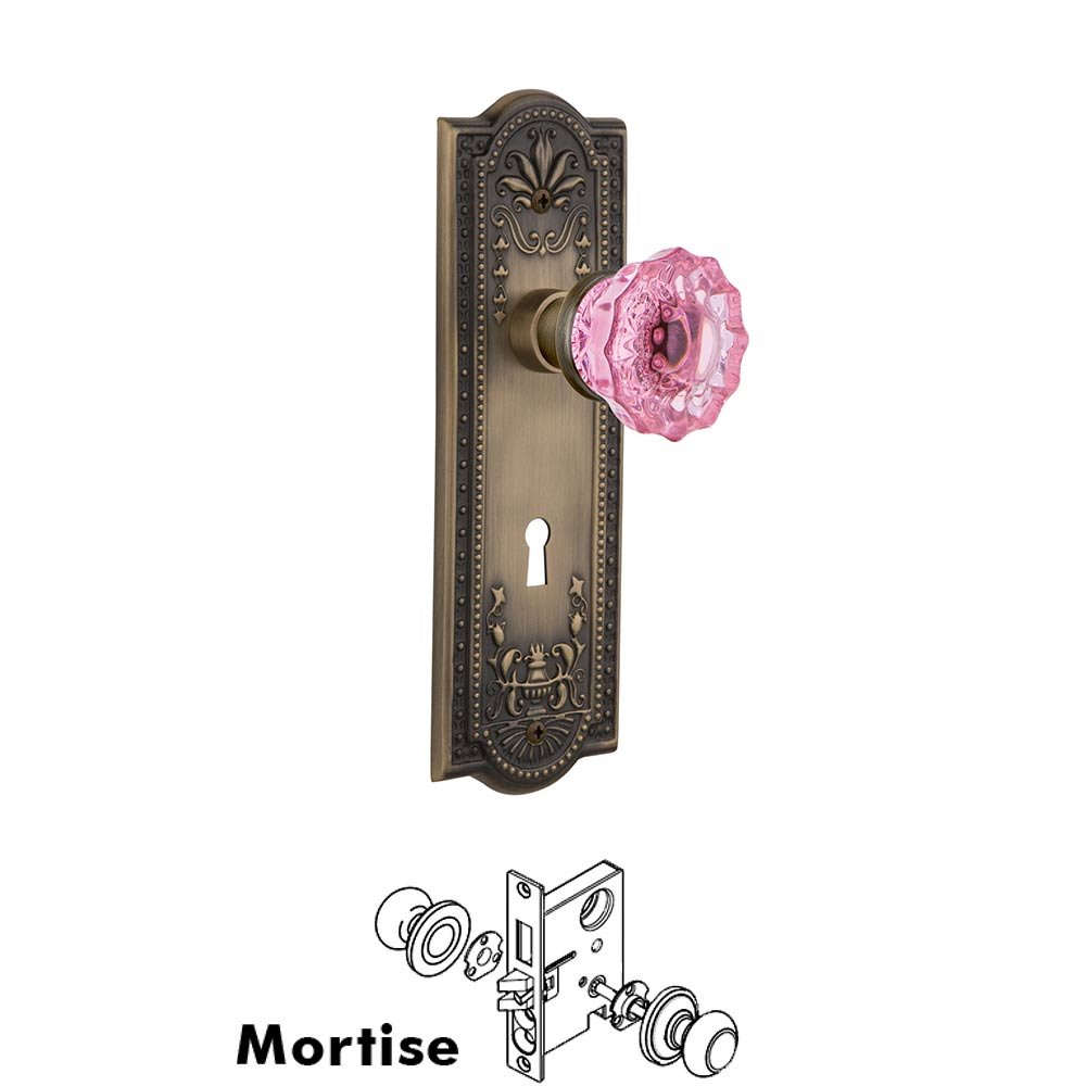 Nostalgic Warehouse Nostalgic Warehouse - Mortise - Meadows Plate Crystal Pink Glass Door Knob in Antique Brass