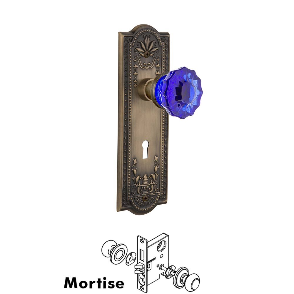 Nostalgic Warehouse Nostalgic Warehouse - Mortise - Meadows Plate Crystal Cobalt Glass Door Knob in Antique Brass
