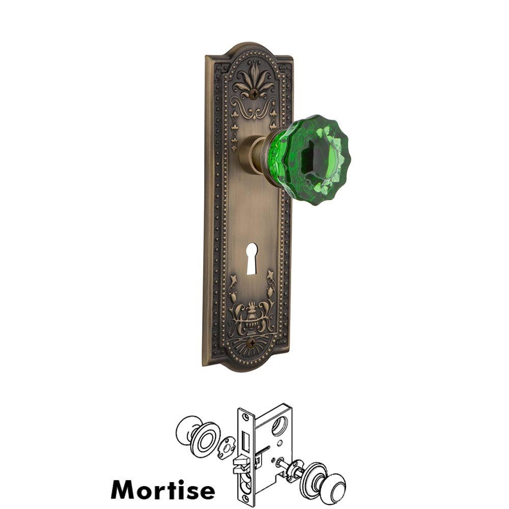 Nostalgic Warehouse Nostalgic Warehouse - Mortise - Meadows Plate Crystal Emerald Glass Door Knob in Antique Brass