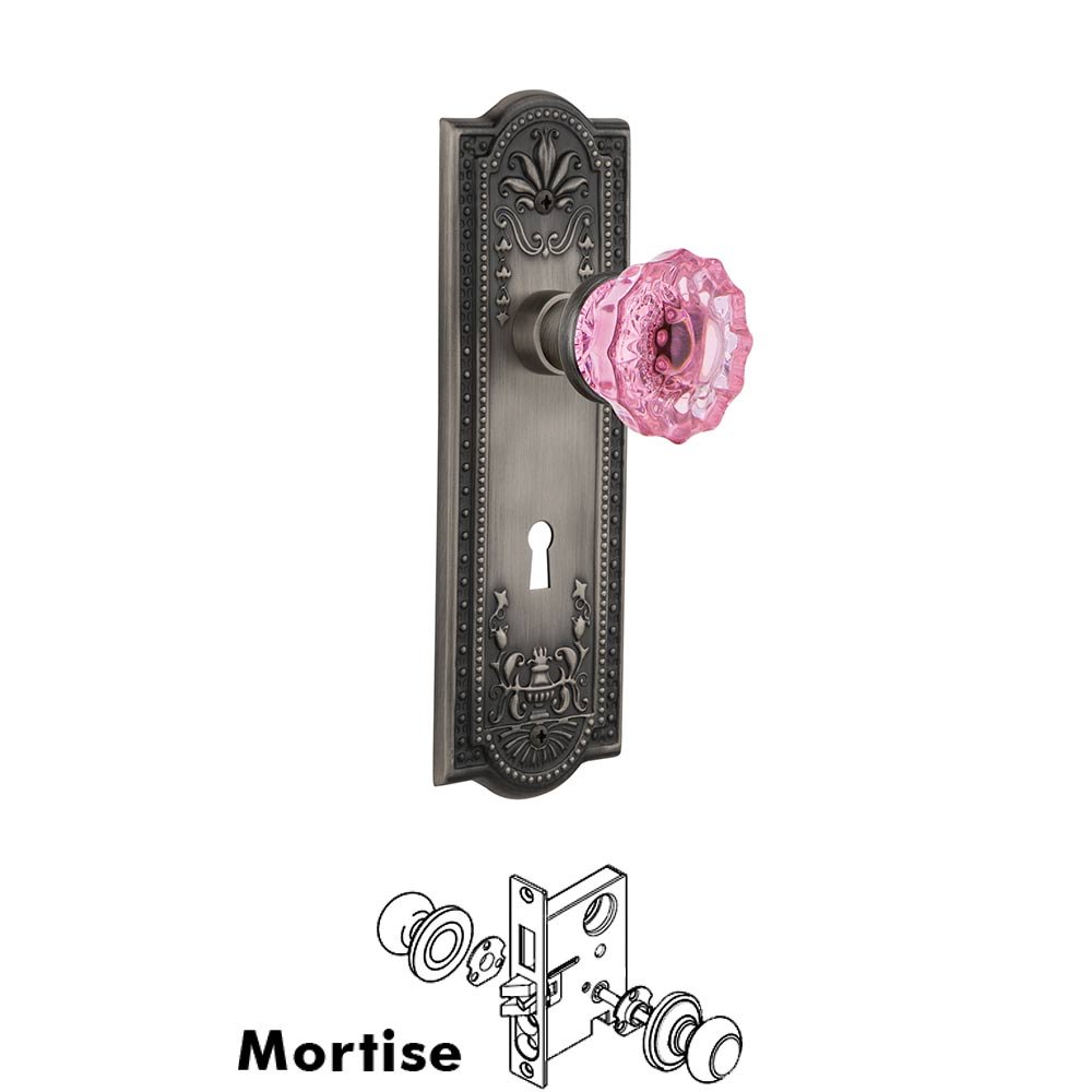 Nostalgic Warehouse Nostalgic Warehouse - Mortise - Meadows Plate Crystal Pink Glass Door Knob in Antique Pewter