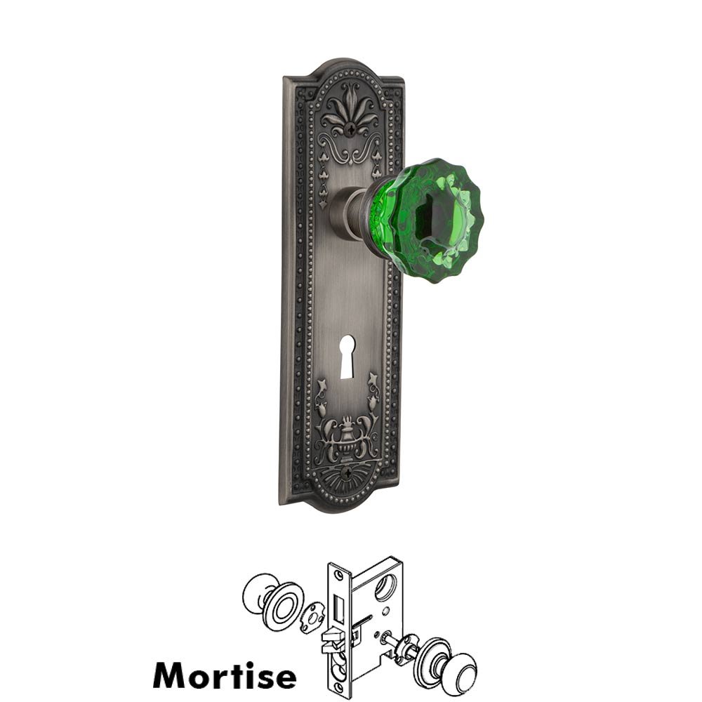 Nostalgic Warehouse Nostalgic Warehouse - Mortise - Meadows Plate Crystal Emerald Glass Door Knob in Antique Pewter