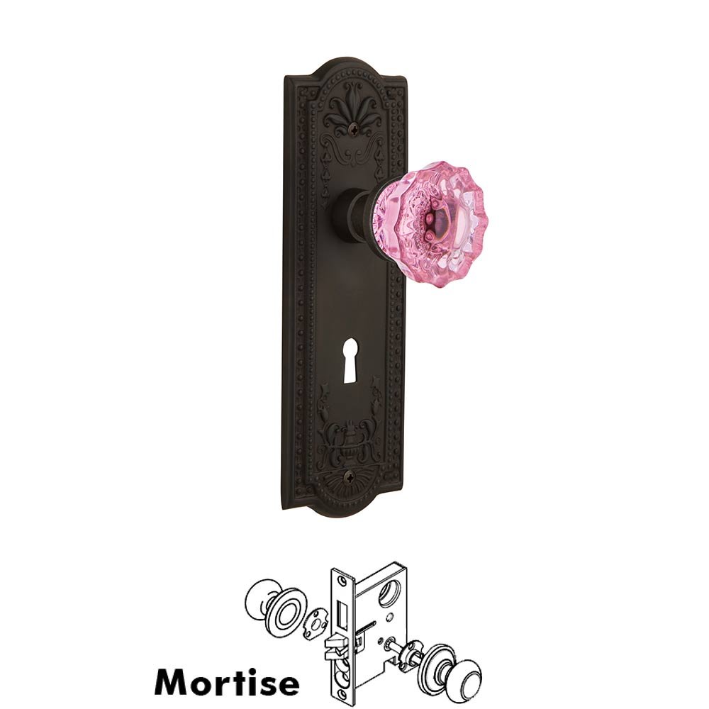 Nostalgic Warehouse Nostalgic Warehouse - Mortise - Meadows Plate Crystal Pink Glass Door Knob in Oil-Rubbed Bronze