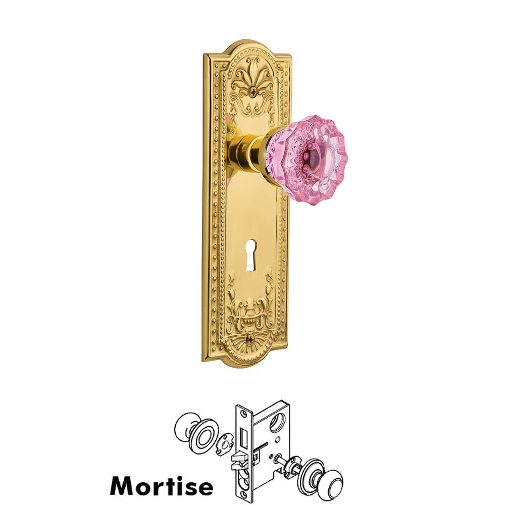 Nostalgic Warehouse Nostalgic Warehouse - Mortise - Meadows Plate Crystal Pink Glass Door Knob in Polished Brass