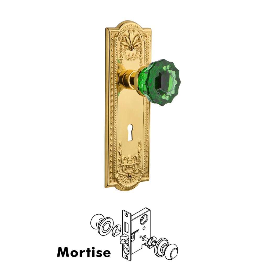 Nostalgic Warehouse Nostalgic Warehouse - Mortise - Meadows Plate Crystal Emerald Glass Door Knob in Polished Brass