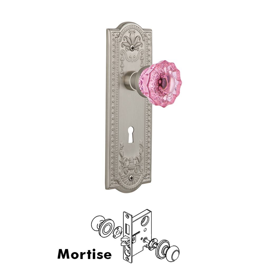 Nostalgic Warehouse Nostalgic Warehouse - Mortise - Meadows Plate Crystal Pink Glass Door Knob in Satin Nickel