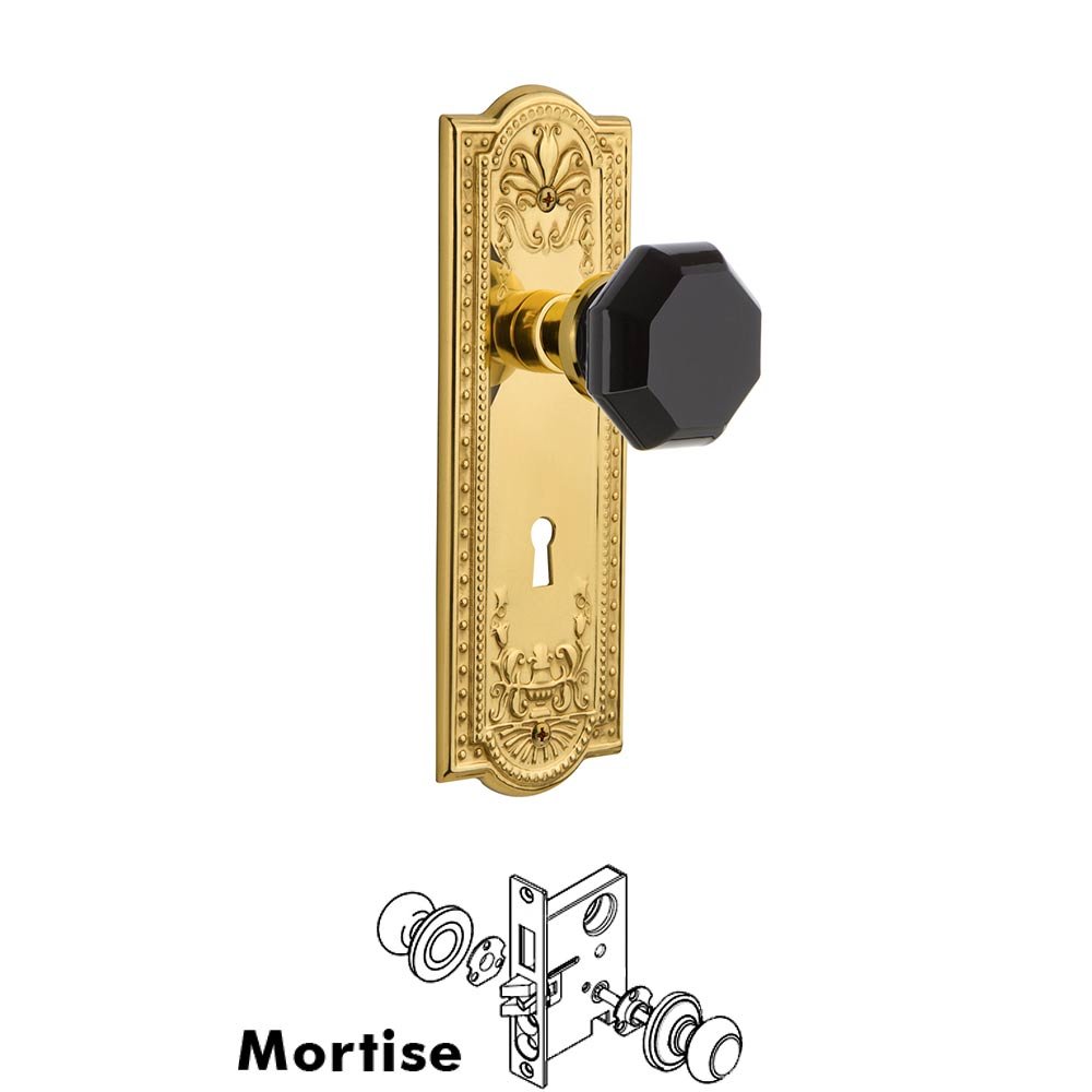 Nostalgic Warehouse Nostalgic Warehouse - Mortise - Meadows Plate Waldorf Black Door Knob in Polished Brass