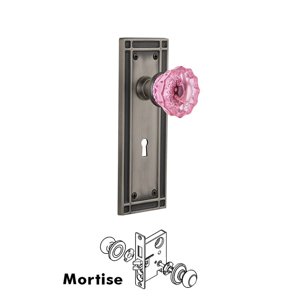 Nostalgic Warehouse Nostalgic Warehouse - Mortise - Mission Plate Crystal Pink Glass Door Knob in Antique Pewter