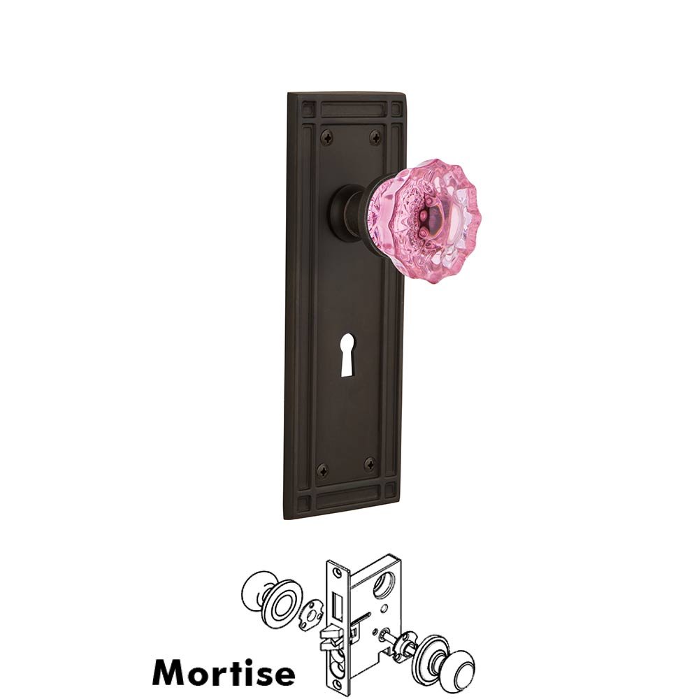 Nostalgic Warehouse Nostalgic Warehouse - Mortise - Mission Plate Crystal Pink Glass Door Knob in Oil-Rubbed Bronze