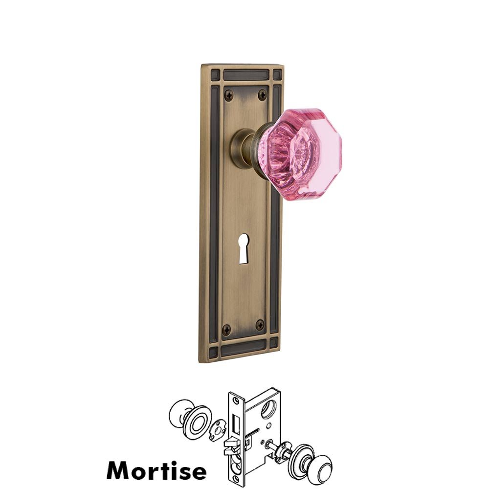 Nostalgic Warehouse Nostalgic Warehouse - Mortise - Mission Plate Waldorf Pink Door Knob in Antique Brass